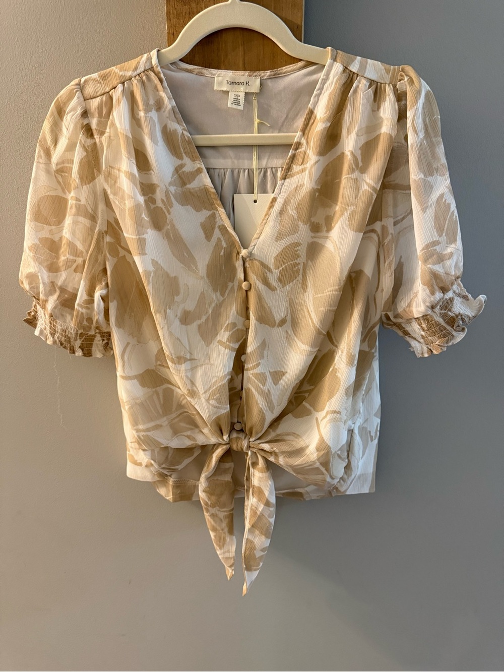 TAMARA H Beige Tie-Front Puff Sleeve Top, S, NWTs